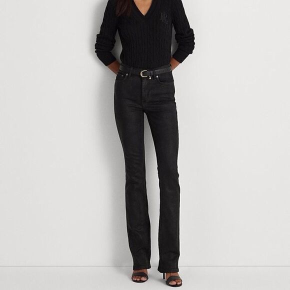 Ralph Lauren Black Label Wax Coated High Rise Black Jeans Sz 6 - Picture 1 of 9